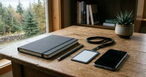 Closed notebook, blank identity-card silhouette and a smartphone on a wooden desk