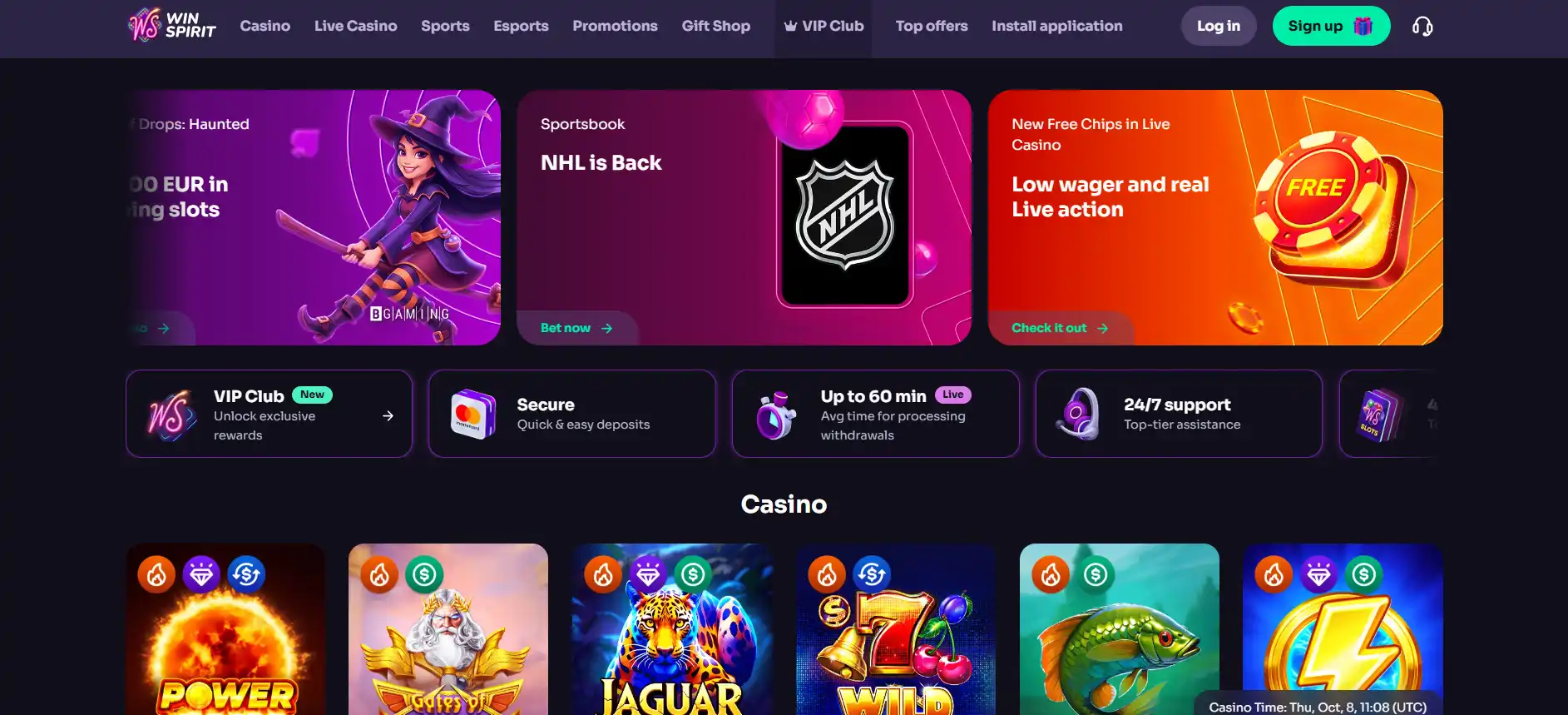 Screenshot of the WinSpirit casino homepage showing the navigation and game categories