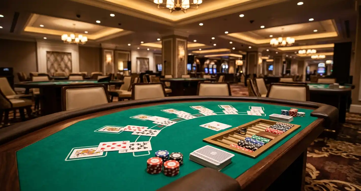 Empty casino table with cards, chips and overhead lighting