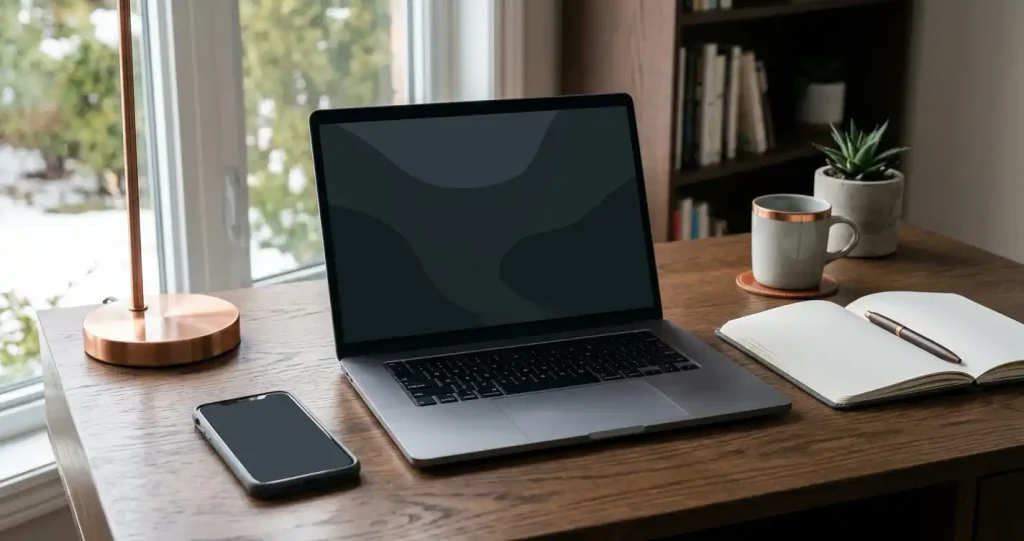 Phone with a dark blank screen beside a laptop and a notebook