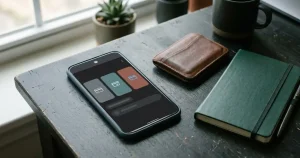 Phone and payment notebook on a desktop