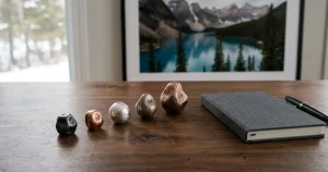 Five small metallic-coloured tokens arranged across a dark desk beside a notebook